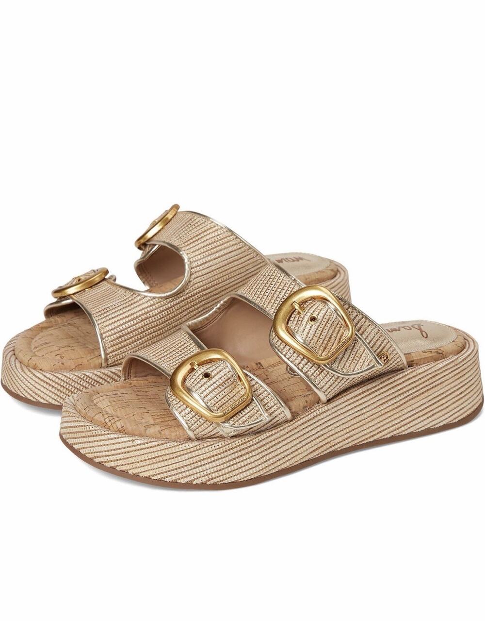 Sam Edelman Metallic Gold Double Buckle Slide Sandals